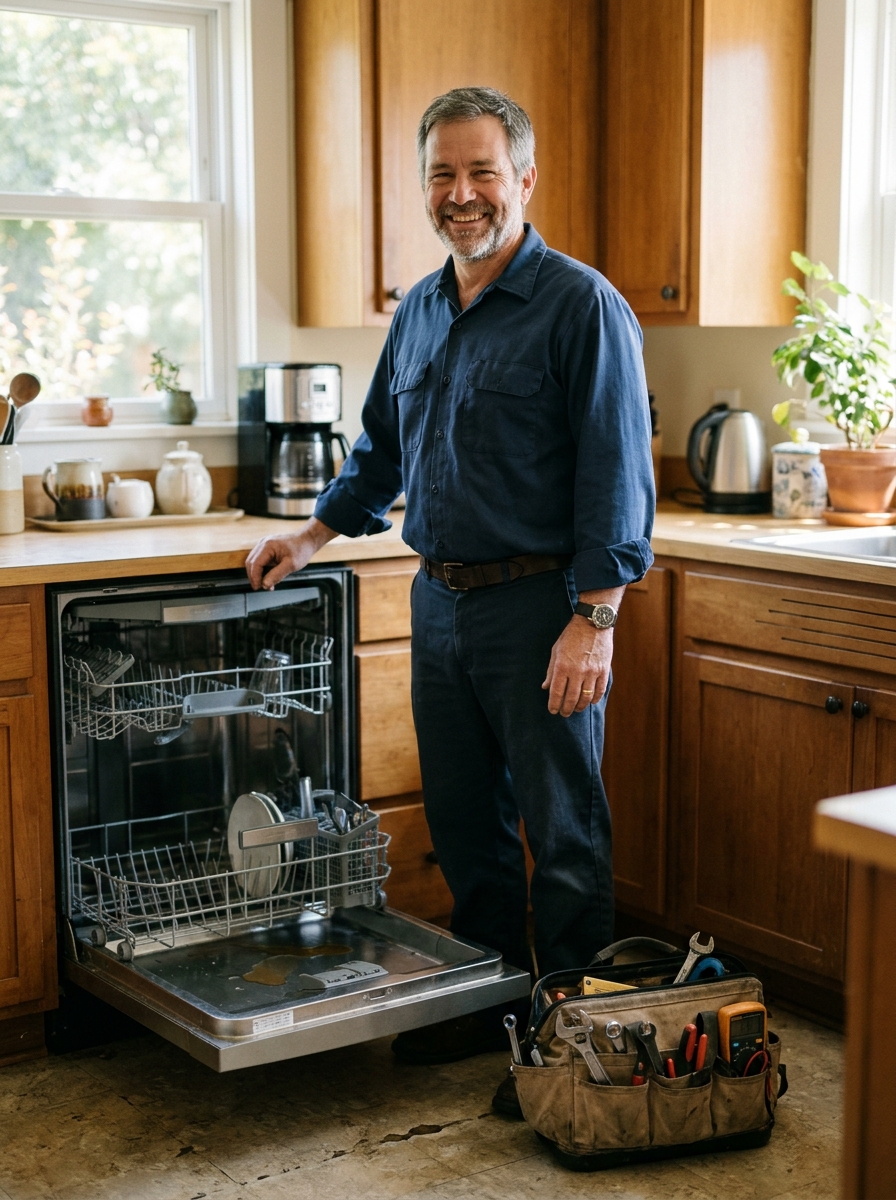 A friendly repair technician smiling beside an open dishwasher in a customer's kitchen